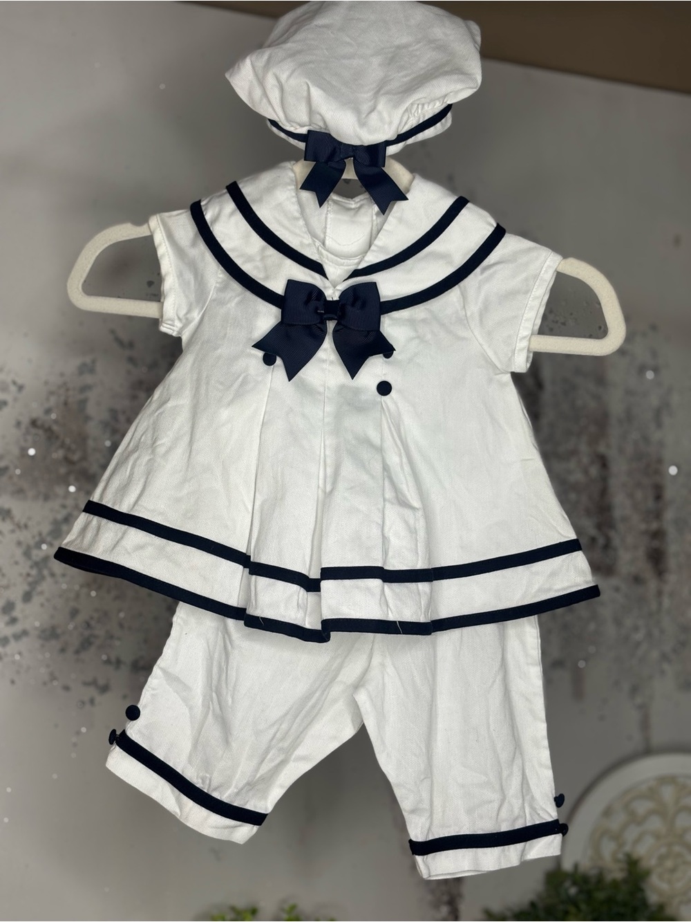 Rare Editions White Baby Sailor Outfit with Navy Trim and Bows